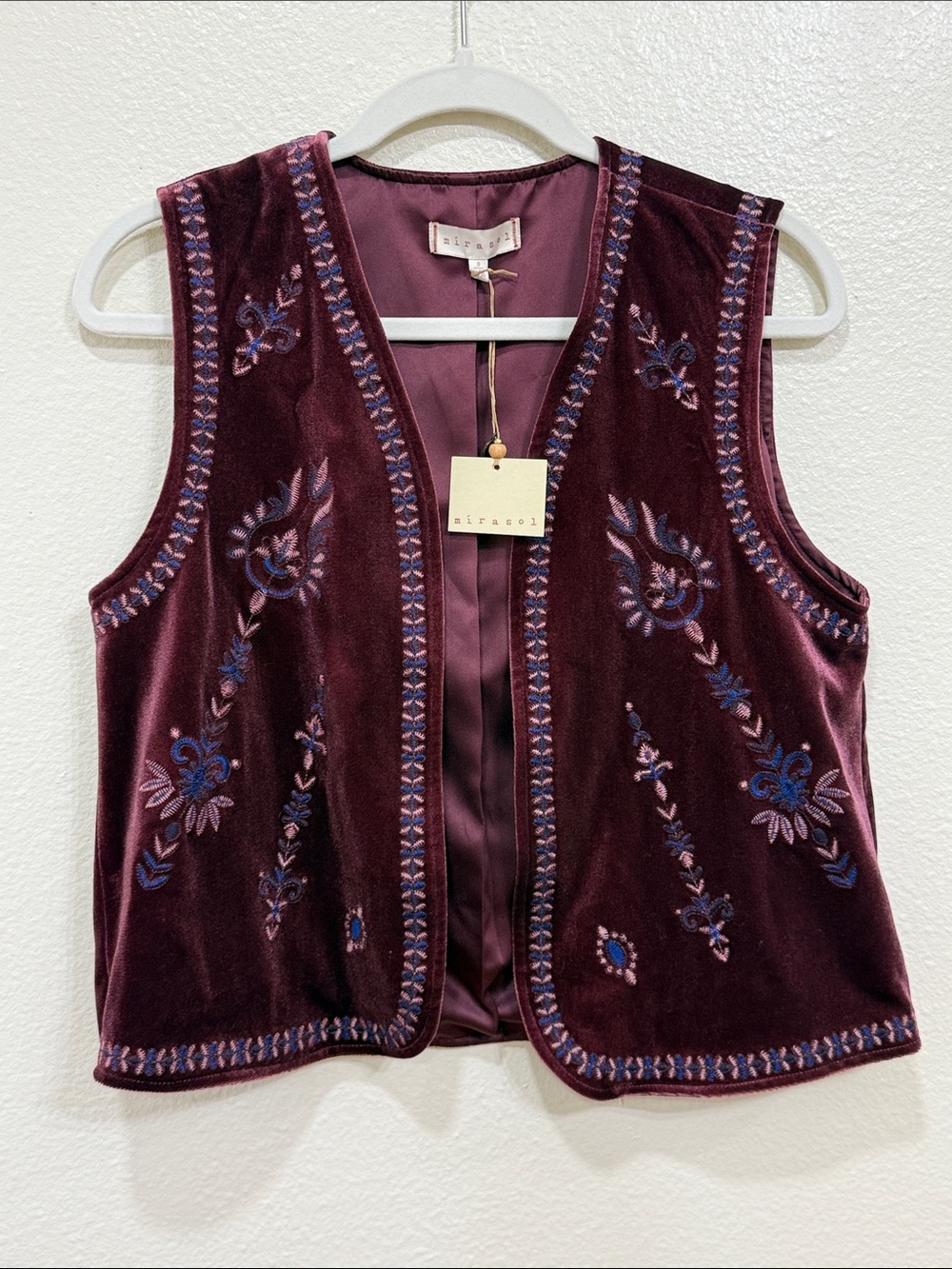 Mirasol Women’s Burgundy Velvet Embroidered Open Vest Boho Lagenlook Size Small
